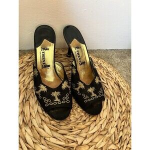 Trevi Made In Italy sz 9.5 IT 40.5 Black Gold Suede Peep Toe Pumps Palm Tree